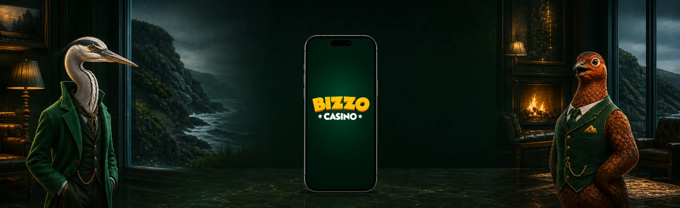 Bizzo Casino app displayed on a central smartphone between a grey heron and a red grouse