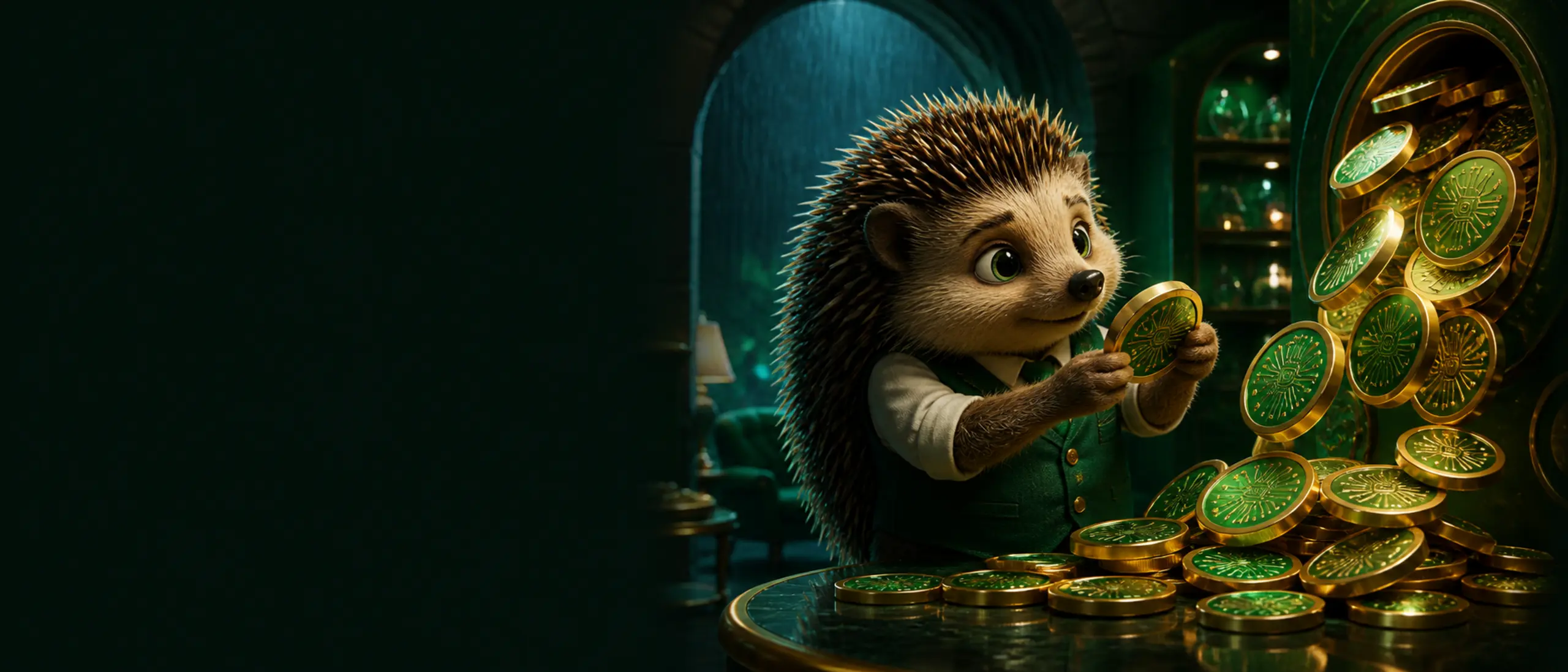 Bizzo Casino cryptocurrency bonus presented by a hedgehog in an Irish stone vault